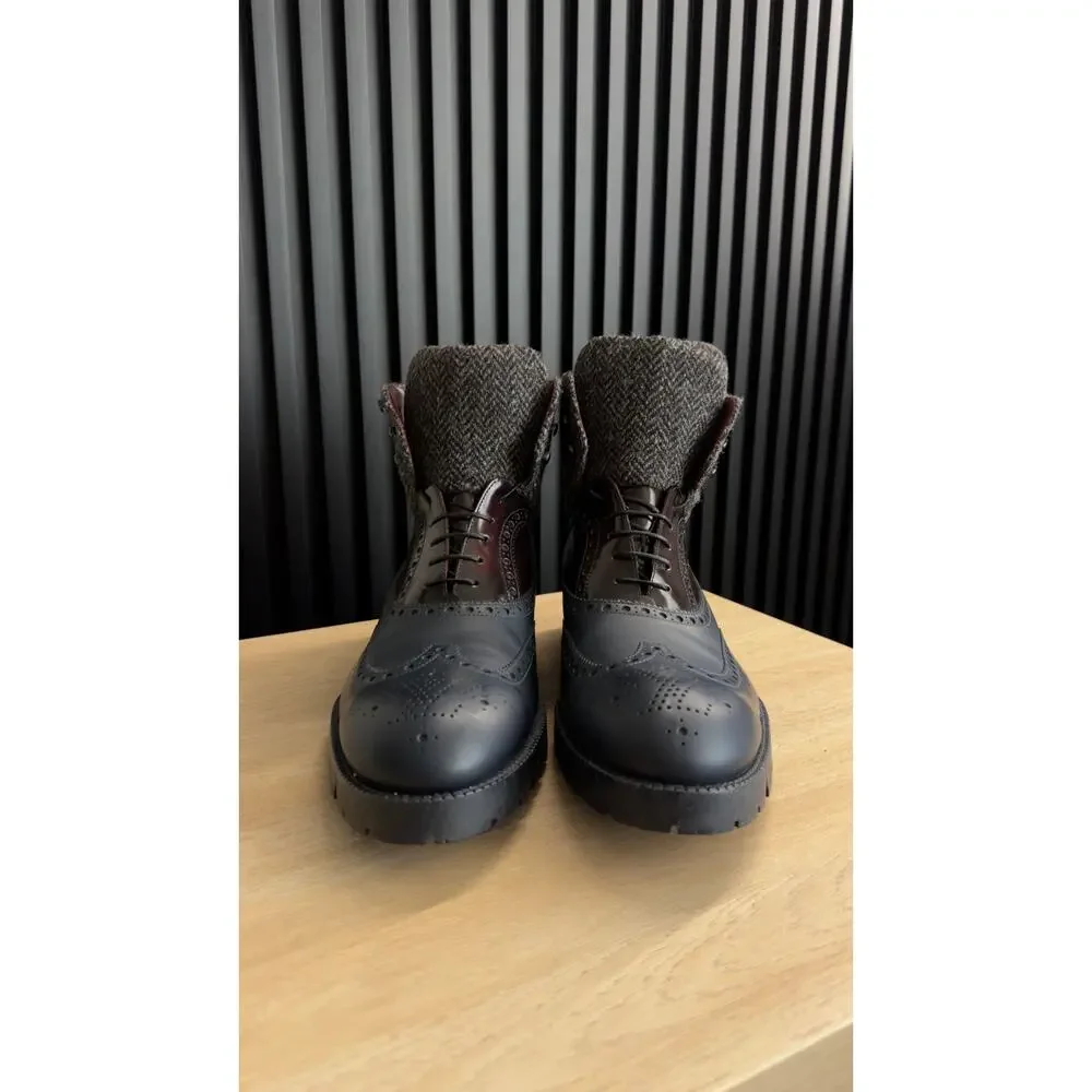 Louis Vuitton Leather Wool Tweed Lace-Up Brougue Boots - Picture 2 of 7
